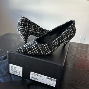 YSL Saint Laurent Tweed Black White Vivi 55 Heel Shoe Pump 38 7.5 7 AUTH